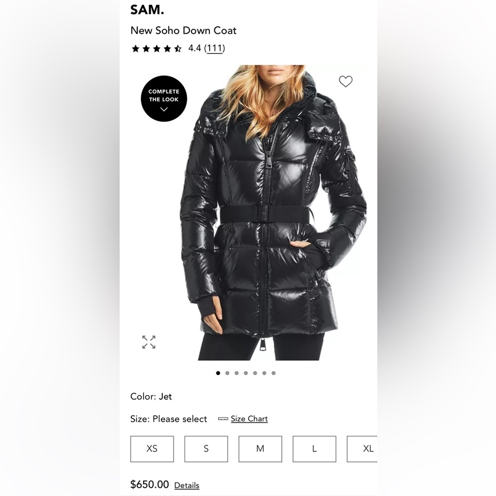 SAM. New black soho down coat with buckle SZ L winter puffer hooded duck down